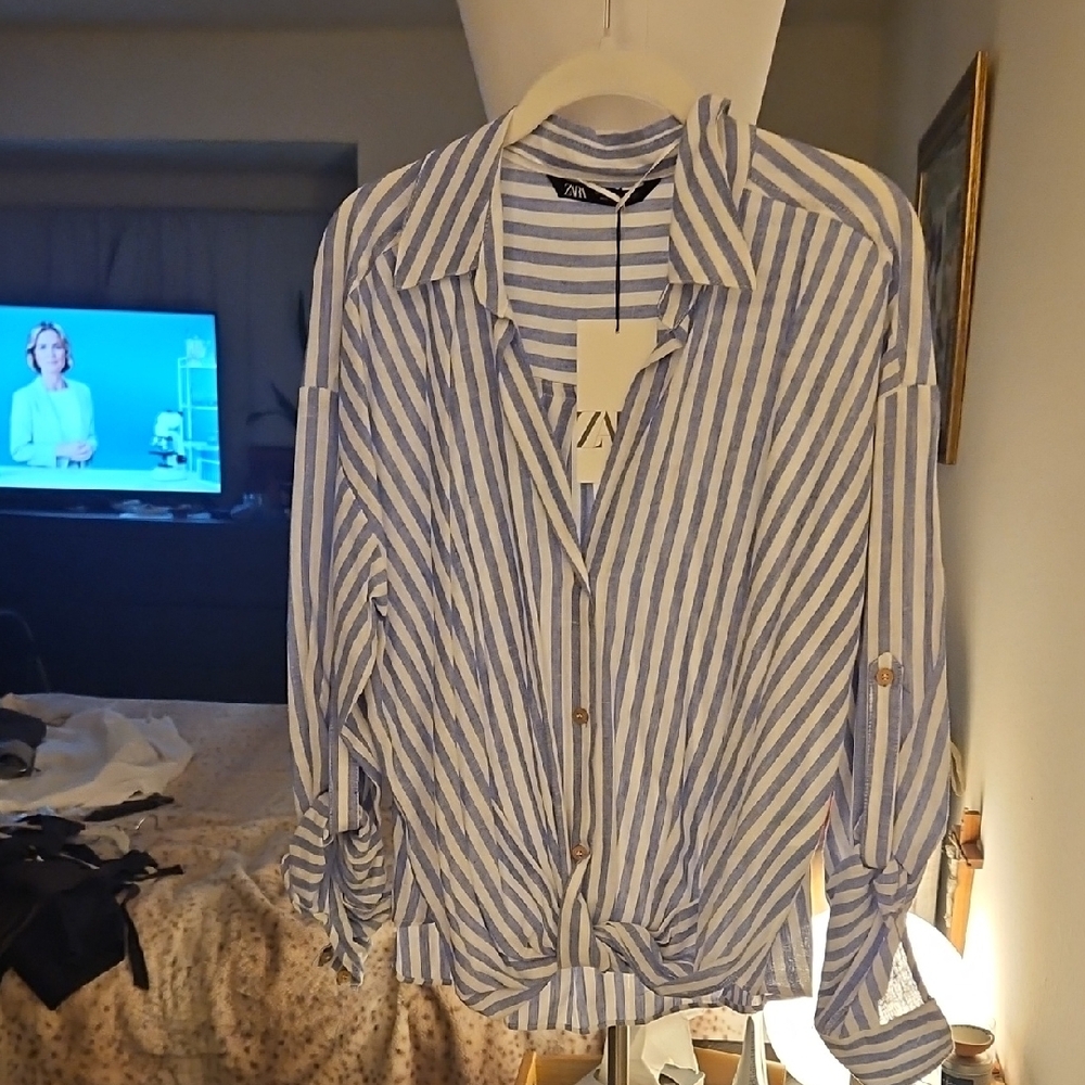 Zara Blue and White Striped Shirt